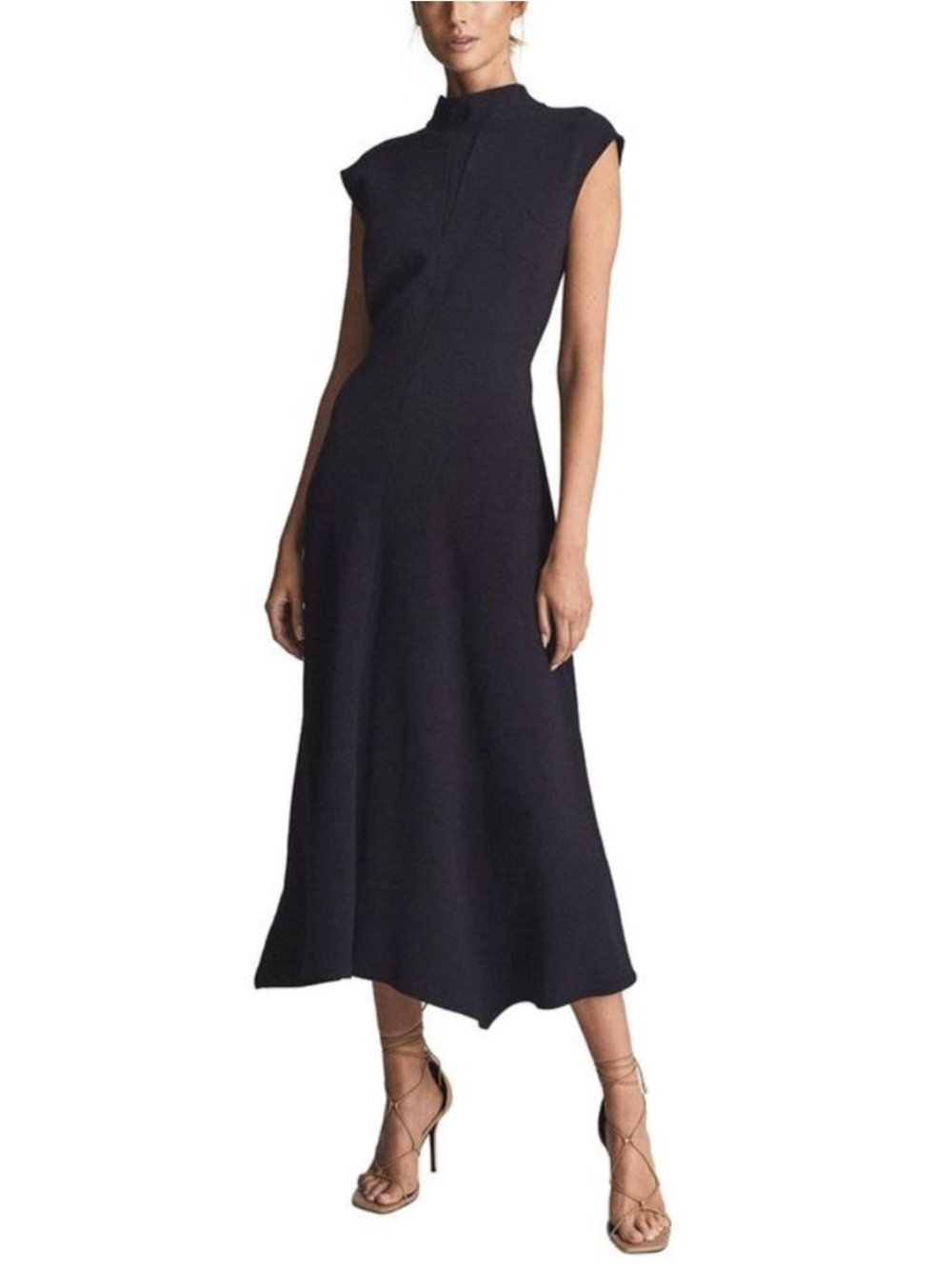 REISS Lois High Neck Midi Dress Size 12 Navy Blue Open Back Bow Tie Neck